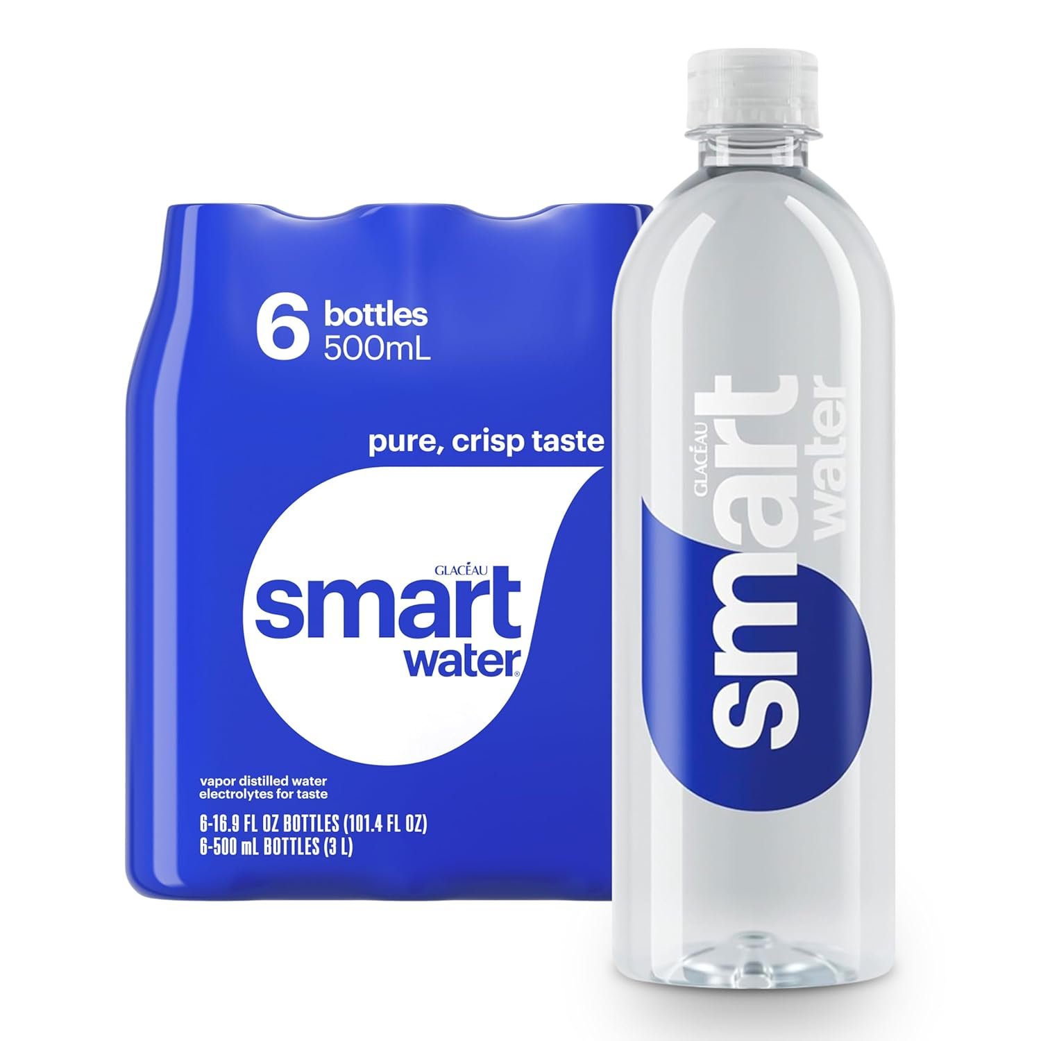smartwater Vapor Distilled Water Bottles, 16.9 fl oz, 6 Pack