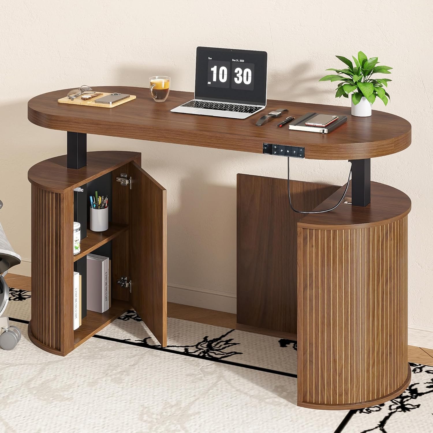Mid Century Modern Electric Standing Desk with Storage, 55 x 22 Inch Small Sit Stand Up Desk, Wood Adjustable Height Computer Executive Desk for Home Office, Laptop, Walnut