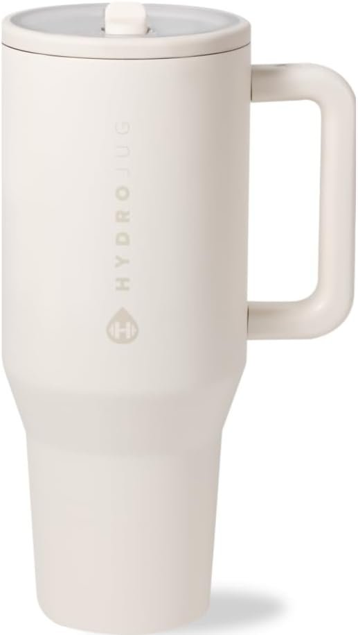 HydroJug Traveler – 32 oz Water Bottle with Handle & Flip Straw – Fits in Cup Holder, Leak Resistant Tumbler-Reusable Insulated Stainless Steel & Rubber Base – Gifts for Women & Men, Cream