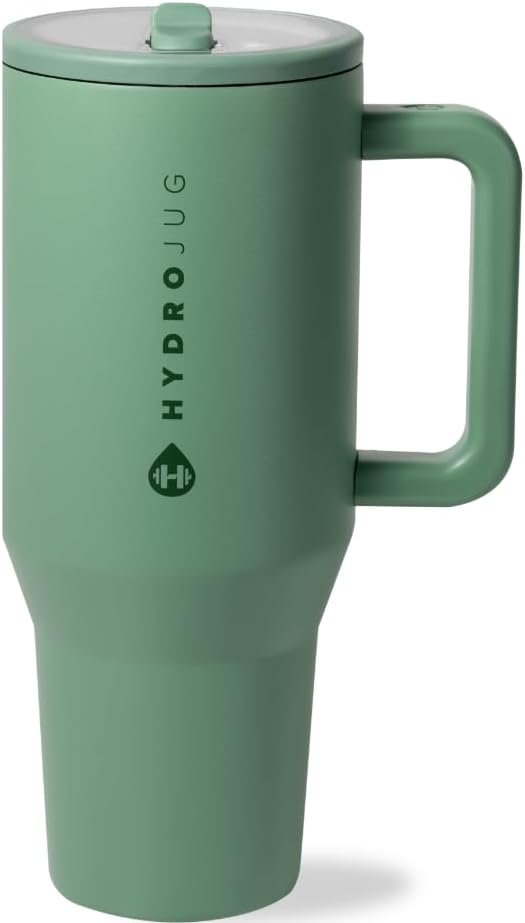 HydroJug Traveler – 32 oz Water Bottle with Handle & Flip Straw – Fits in Cup Holder, Leak Resistant Tumbler-Reusable Insulated Stainless Steel & Rubber Base – Gifts for Women & Men, Sage