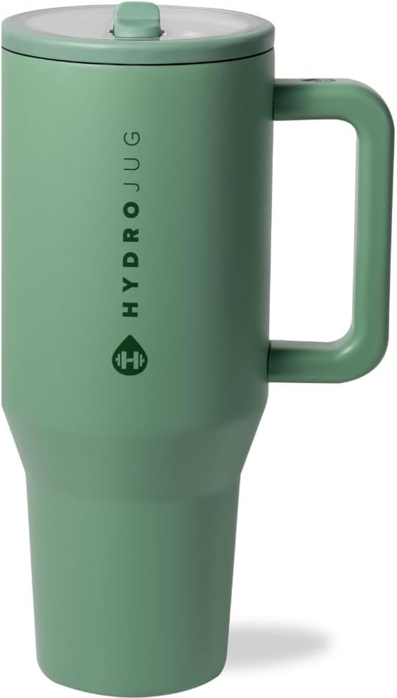 HydroJug Traveler – 40 oz Water Bottle with Handle & Flip Straw – Fits in Cup Holder, Leak Resistant Tumbler-Reusable Insulated Stainless Steel & Rubber Base – Gifts for Women & Men, Sage
