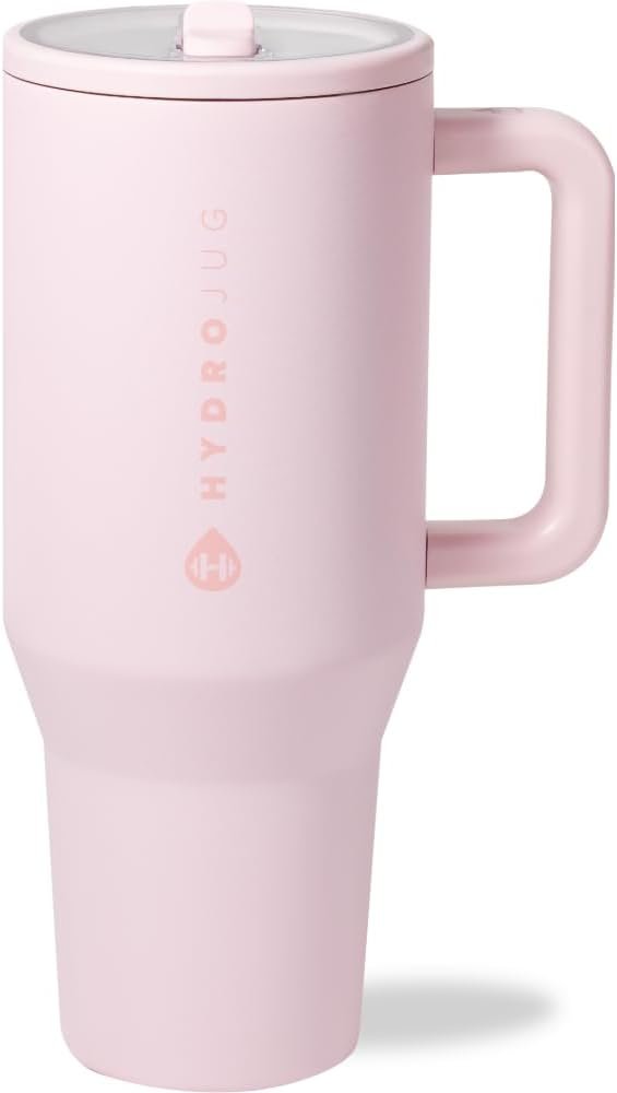 HydroJug Traveler – 40 oz Water Bottle with Handle & Flip Straw – Fits in Cup Holder, Leak Resistant Tumbler-Reusable Insulated Stainless Steel & Rubber Base – Gifts for Women & Men, Pink Sand
