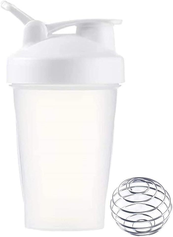 Blender Shaker Bottle w. Classic Loop Top & Stainless Whisk Ball-Perfect for Protein Shakes and Pre Workout (Clear Body-16 Oz, White/Clear)