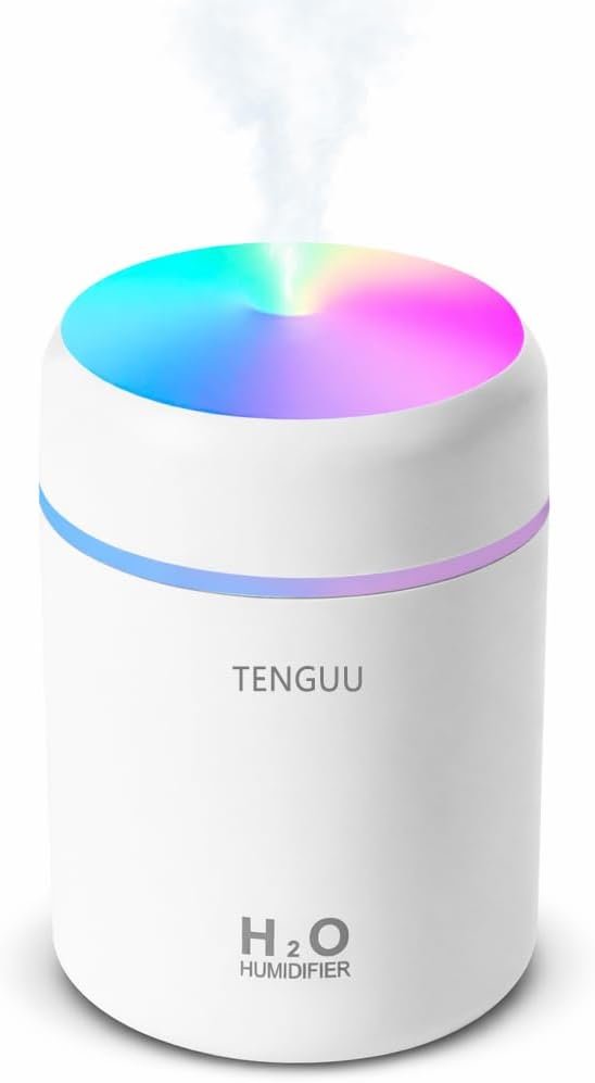 Portable Mini Humidifier, 300ml Small Cool Mist Humidifier, USB Personal Desktop Humidifiers for Bedroom Car Office Home, Auto Shut-Off, 2 Mist Modes, Super Quiet, White