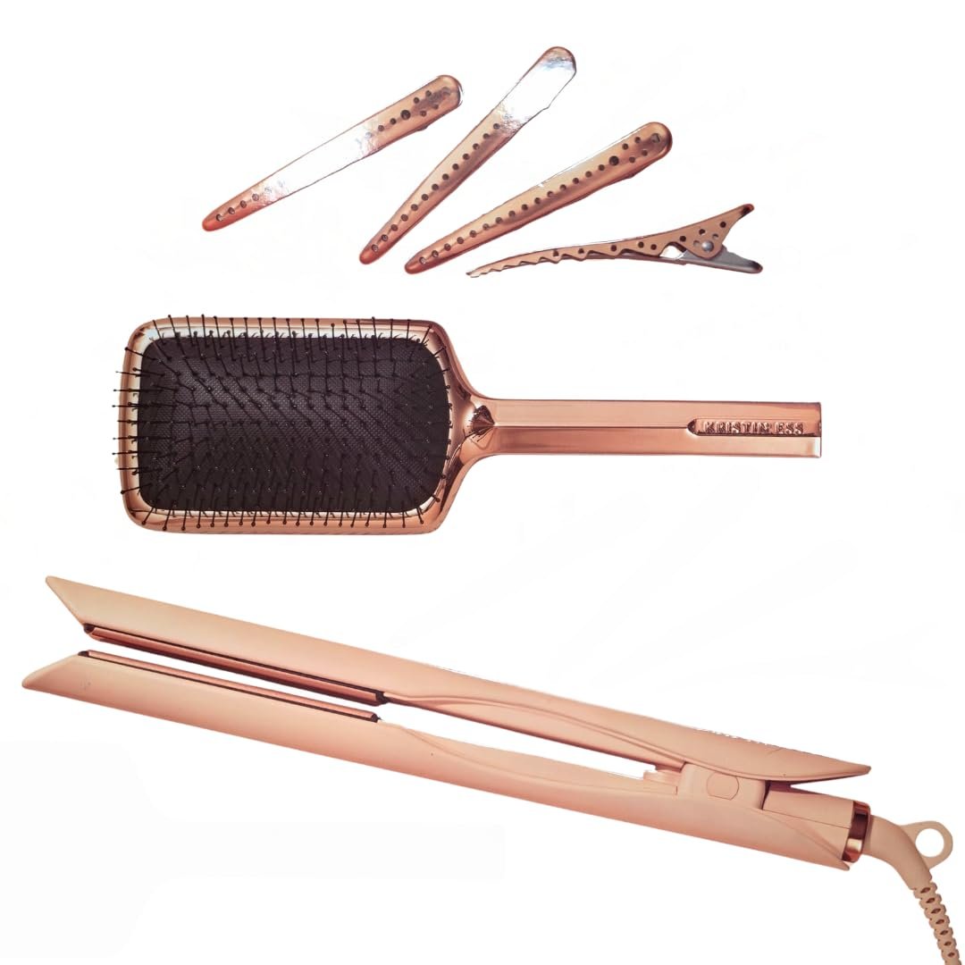 Kristin Ess Hair Styling Gift Set 3-in-1 Ceramic Flat Iron Bundle – 1.25inch Dual Voltage Ceramic Hair Straightener + Detangling Brush + Sectioning Clips – 4 Heat Settings 440 Degrees + Auto Shut Off