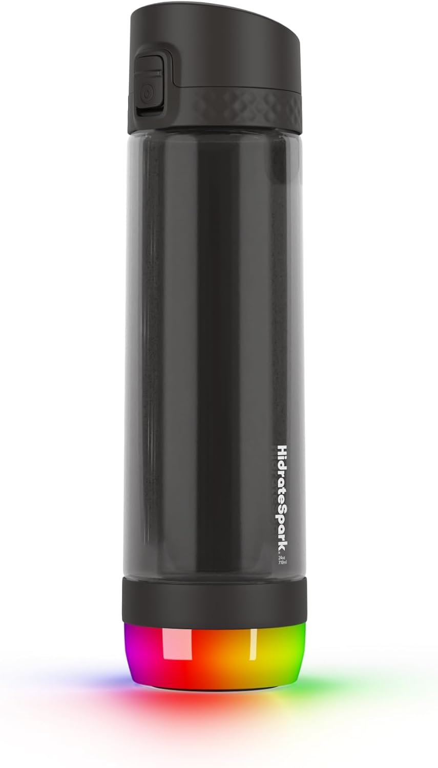 Hidrate Spark PRO Lite Bundle Smart Water Bottle – Tracks Water Intake & Glows to Remind You to Stay Hydrated, Chug & Straw lid, 24oz (Black)
