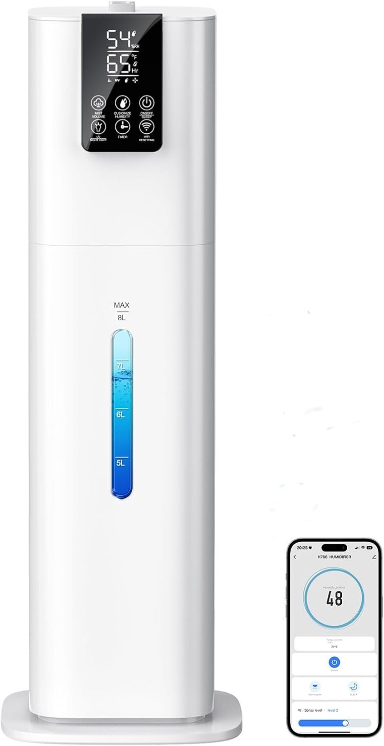 2.1Gal(8L) Smart Humidifier Large Room Bedroom Home, Quiet Top Fill Cool Mist Humidifier with Diffuser, Night Light, 3 Speed Humidifiers with 360° Nozzle, Timer, Humidity Setting for Plants Yoga Baby