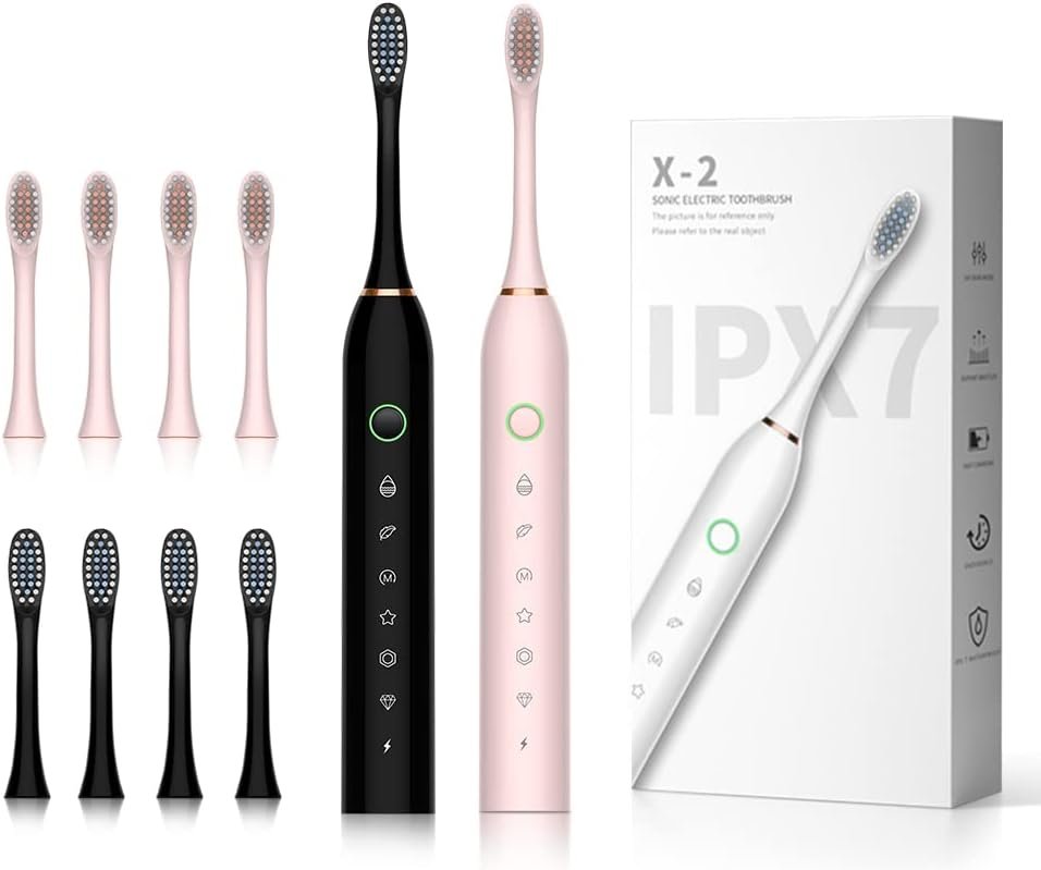 SUNPRO 2 Pack Adults Sonic Electric Toothbrush, 42000vpm, 6 Modes Rechargeable for Deep Cleaning Include 8 Heads (Black+Pink)