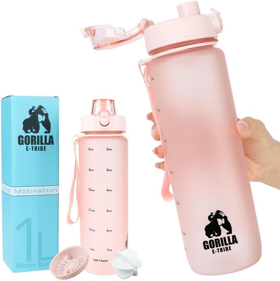 Pink Water Bottle Time Marker – Daily Intake Tracking – BPA Free & Leak Proof Protein Shake Bottle – Ideal for Gym, Office, School & Hiking – 32oz
