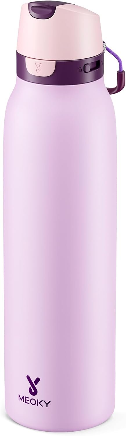 Meoky 24 oz Stainless Steel Slim Water Bottle: Leak Proof Locking Lid, 2-in-1 Straw and Spout, 24 Hours Cold, Top Handle, BPA Free, Insulated Water Bottle for Women Sports Travel Gym, Lavender