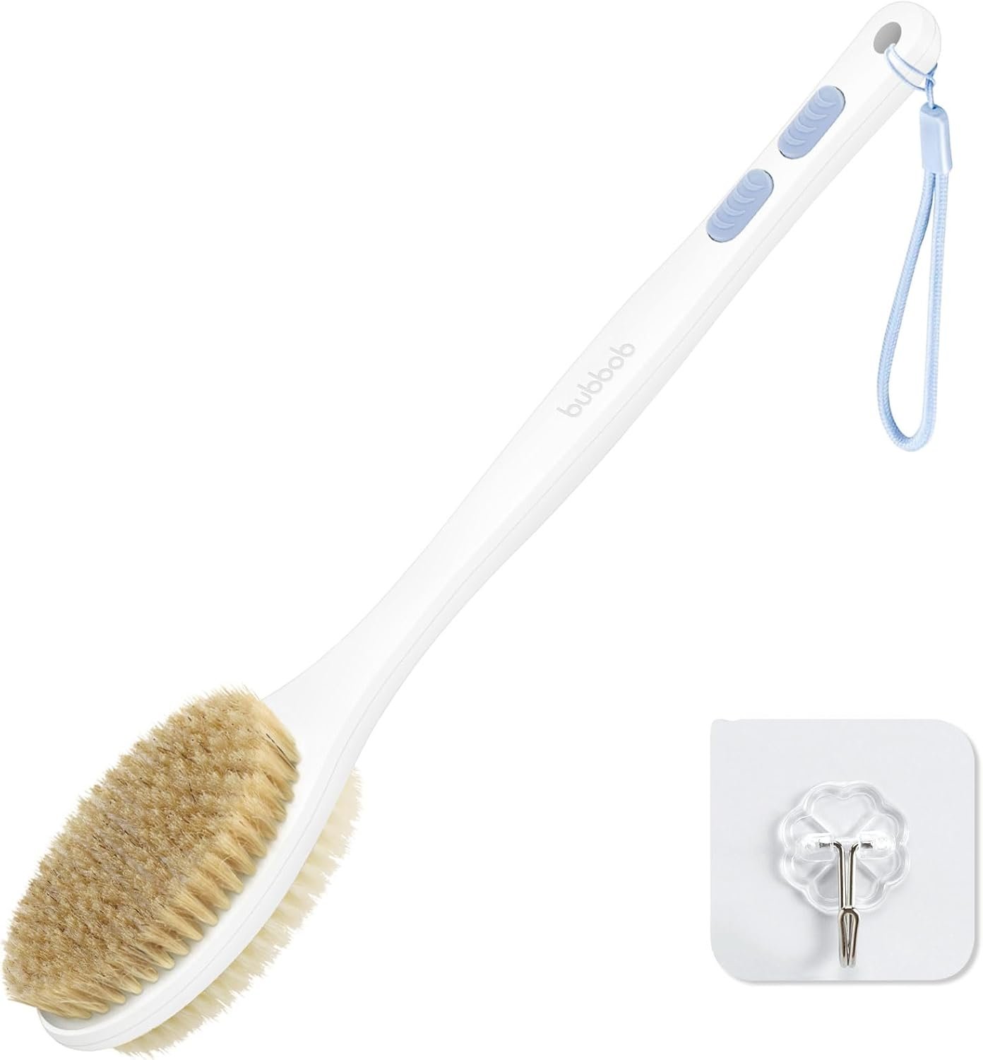 Back Scrubber for Shower with Long Handle, Exfoliating Bath Brush for Body – Double Sided Bristles (Stiff & Soft), Anti-Slip Grip, Lightweight – Gift for Seniors, Includes Lanyard & Hook, Blue