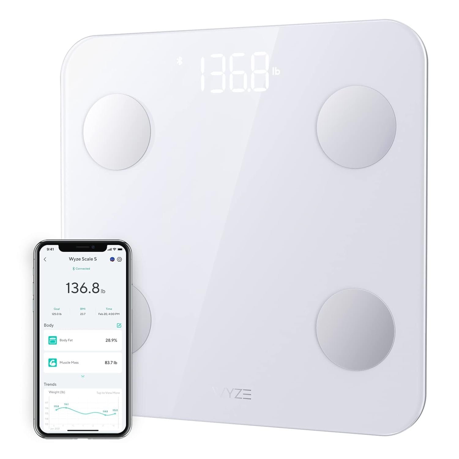 Wyze Scale S, Scale for Body Weight, Digital Bathroom Scale for Body Fat, BMI, Muscle, Heart Rate, Body Composition Analyzer with App, Batteries Included, Bluetooth, 400 lb, White
