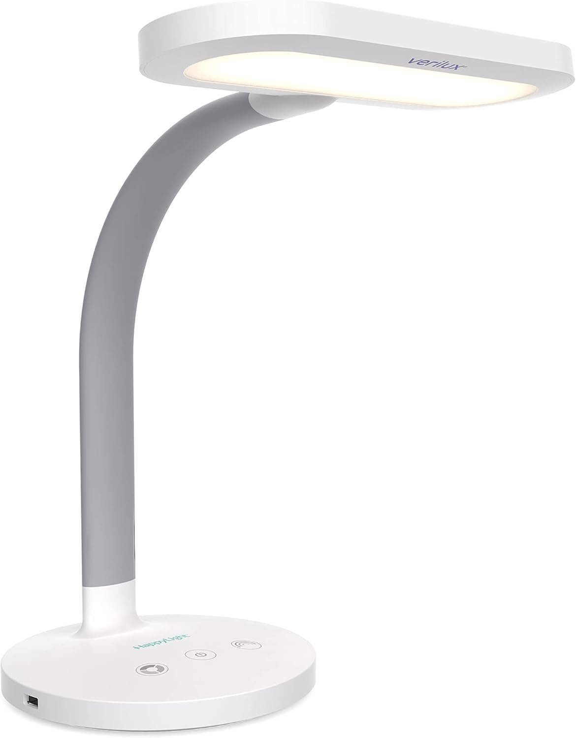 Verilux HappyLight Duo – 2-in-1 Light Therapy & Task Desk Lamp – UV-Free Full Spectrum LED, 10,000 LUX, Adjustable Brightness and Color, Flexible Gooseneck, and Integrated USB Charging Port