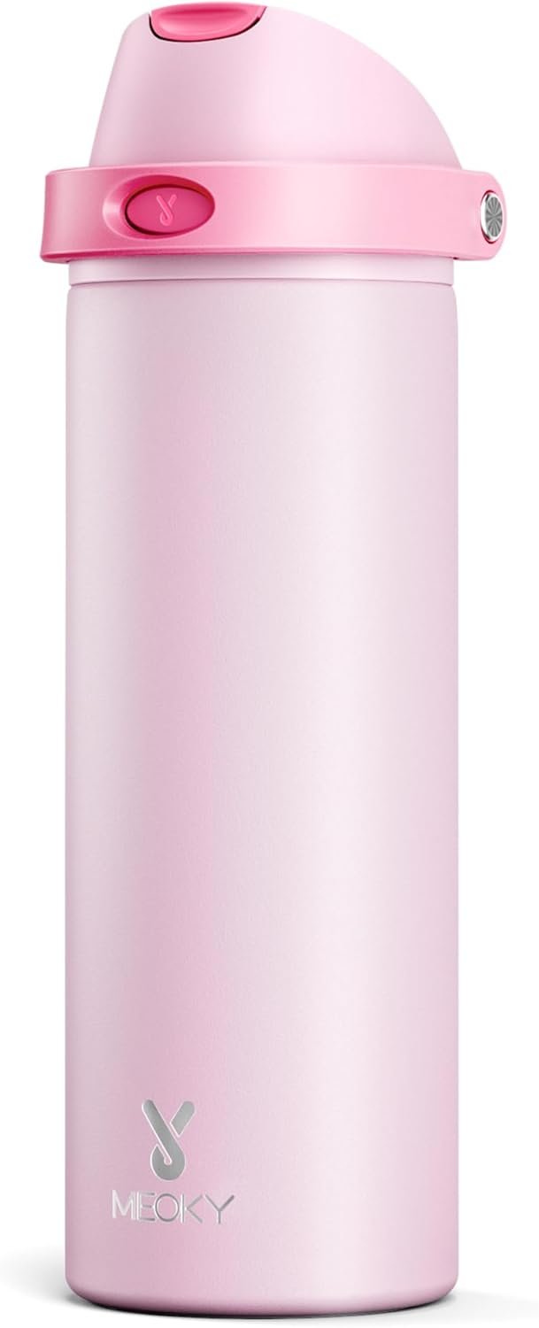 24 oz Insulated Water Bottle for Sports: Meoky Stainless Steel Water Bottle with 2-in-1 Straw and Spout Lid – Leak Proof, Cold for 24 Hours, Fits in Car Cup Holder, BPA-Free for Women Travel, Blush