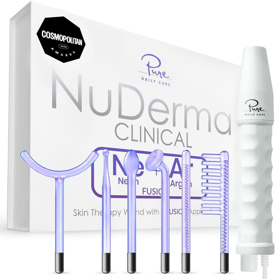 Pure Daily Care NuDerma Clinical Portable Skin Therapy Wand, Machine with 6 Fusion Neon + Argon Wands – Anti Aging – Clarifying – Skin Tightening & Radiance – Wrinkle Reducing