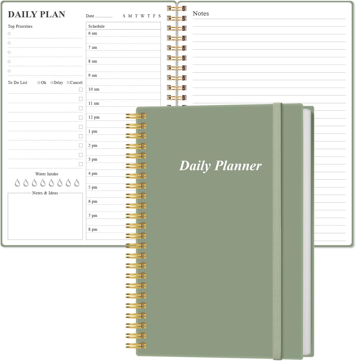 Daily Planner Undated – A5 To Do List Notebook Hourly Schedules, Spiral Appointment Planner for Women and Men, PVC Hardcover, Inner Pocket, Elastic Closure, 5.8″ x 8.3″, Green