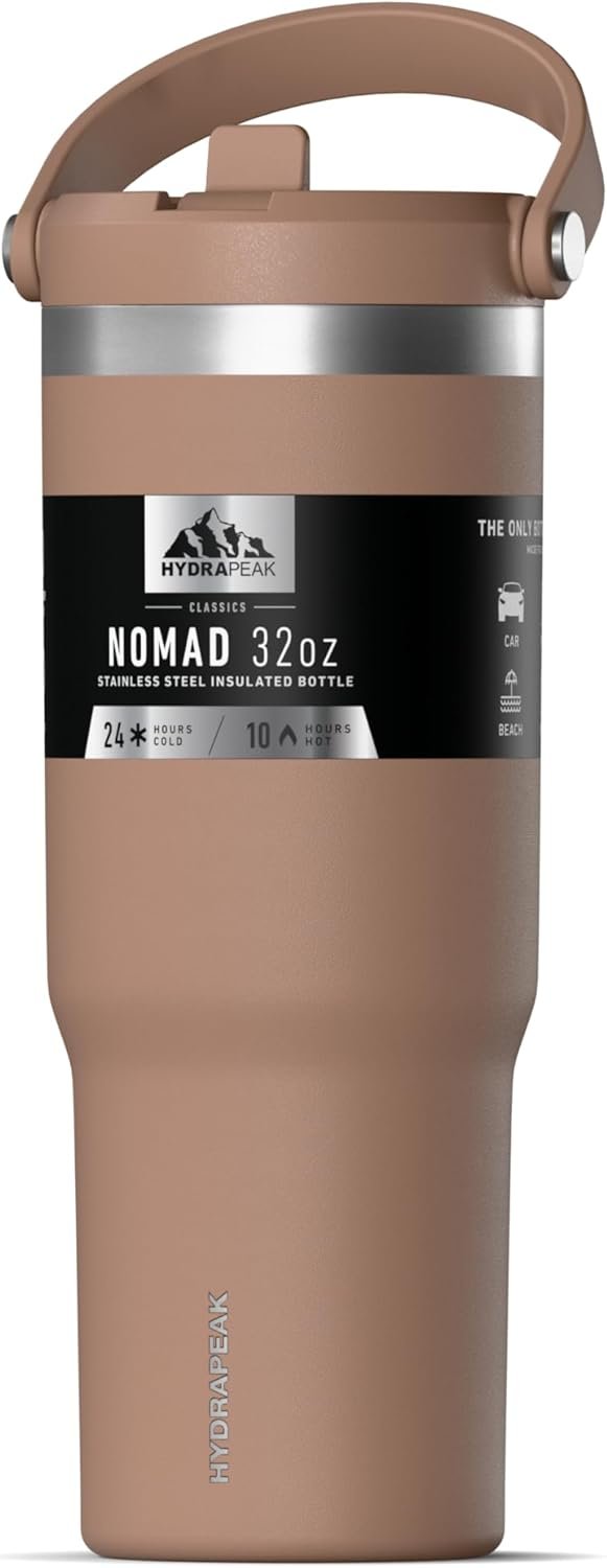 Hydrapeak Nomad 32oz Insulated Stainless Steel Travel Tumbler with Handle & Straw Lid, Leakproof, Cupholder Friendly, Keeps Drinks Cold 24 Hours, Reusable Bottle for Daily Hydration (Almond)