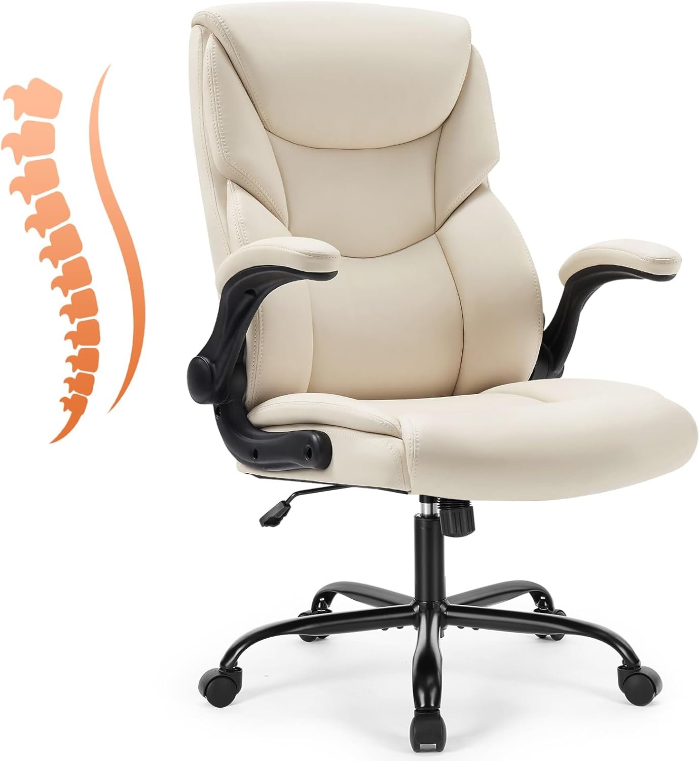 Sweetcrispy Ergonomic Office Chair – Heavy Duty Task Desk Chair with Flip-up Armrest, PU Leather, Height Adjustable & Swivel Rolling Chair with Wheels, Beige