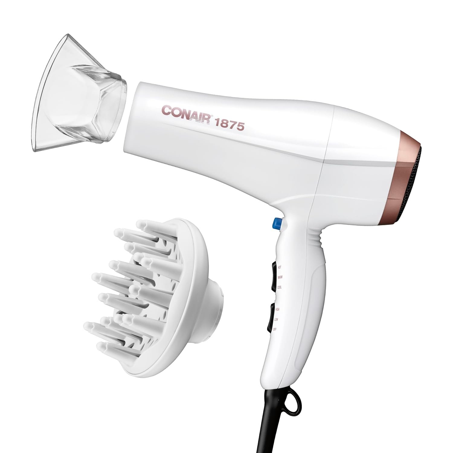 Conair Double Ceramic Hair Dryer, 1875W Hair Dryer with Diffuser and Concentrator, Blow Dryer with Ionic Conditioning for Frizz Control, 3 Heat & 2 Speed Settings, Hairdryer, White