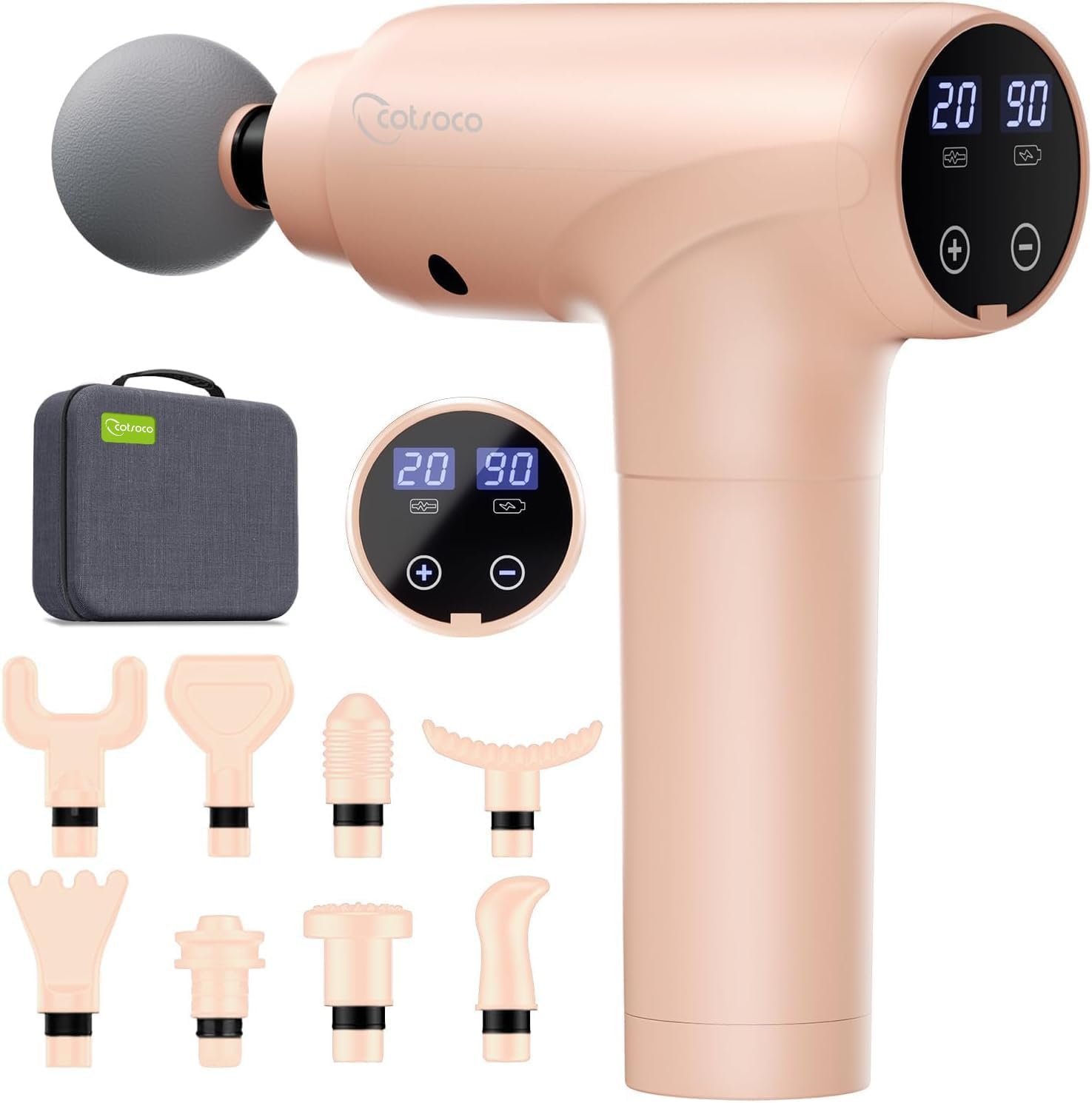 cotsoco Massage Gun Deep Tissue, Muscle Massage Gun with 9 Attachment Heads, 20 Speeds & Silent Brushless Motor for Pain Relief, Handheld Percussion Back Massager Gun (Pink)