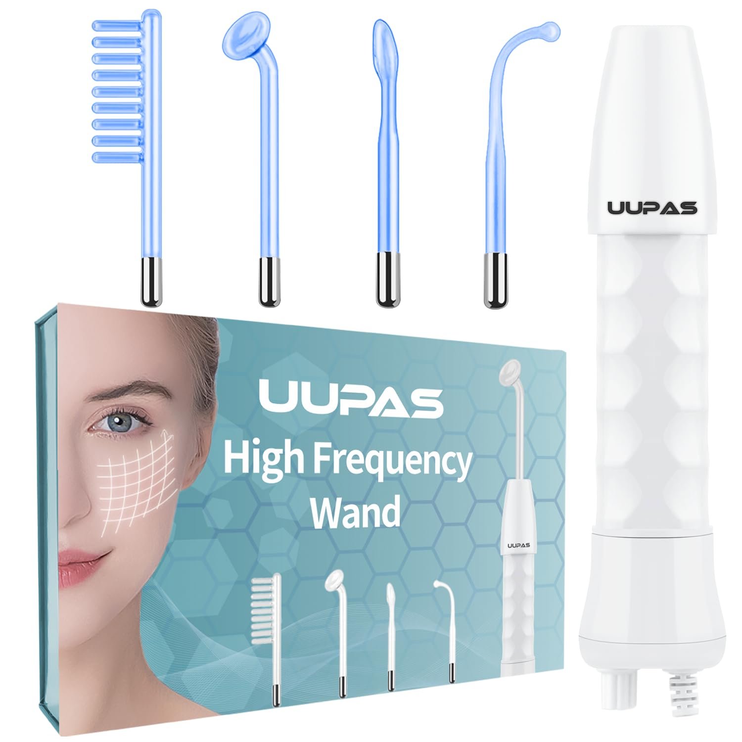 High Frequency Facial Wand – UUPAS Portable Handheld 4 in 1 Blue High Frequency Skin Facial Machine with 4 Pcs Different Blue Tubes for Home Use Face Device