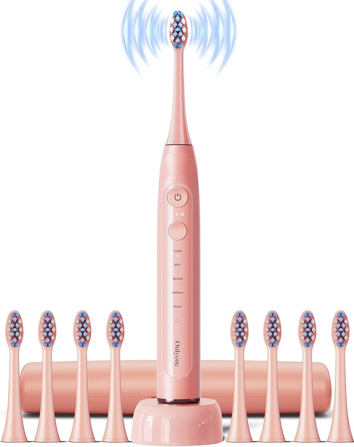 Onlyone Ultrasonic Electric Toothbrush for Adults, Rechargeable Electric Toothbrush with 8 Brush Heads, Travel Case, Charging Base & Wireless Charging – 5 Modes with Smart Timer