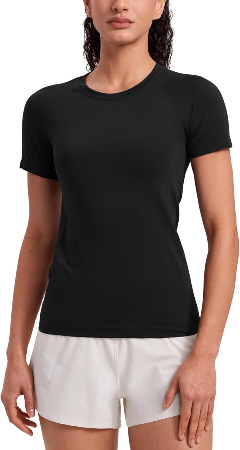 CRZ YOGA Seamless Workout Tops for Women Hip Length – Athletic Running Gym Yoga Short Sleeve Shirts Breathable Crewneck Tees
