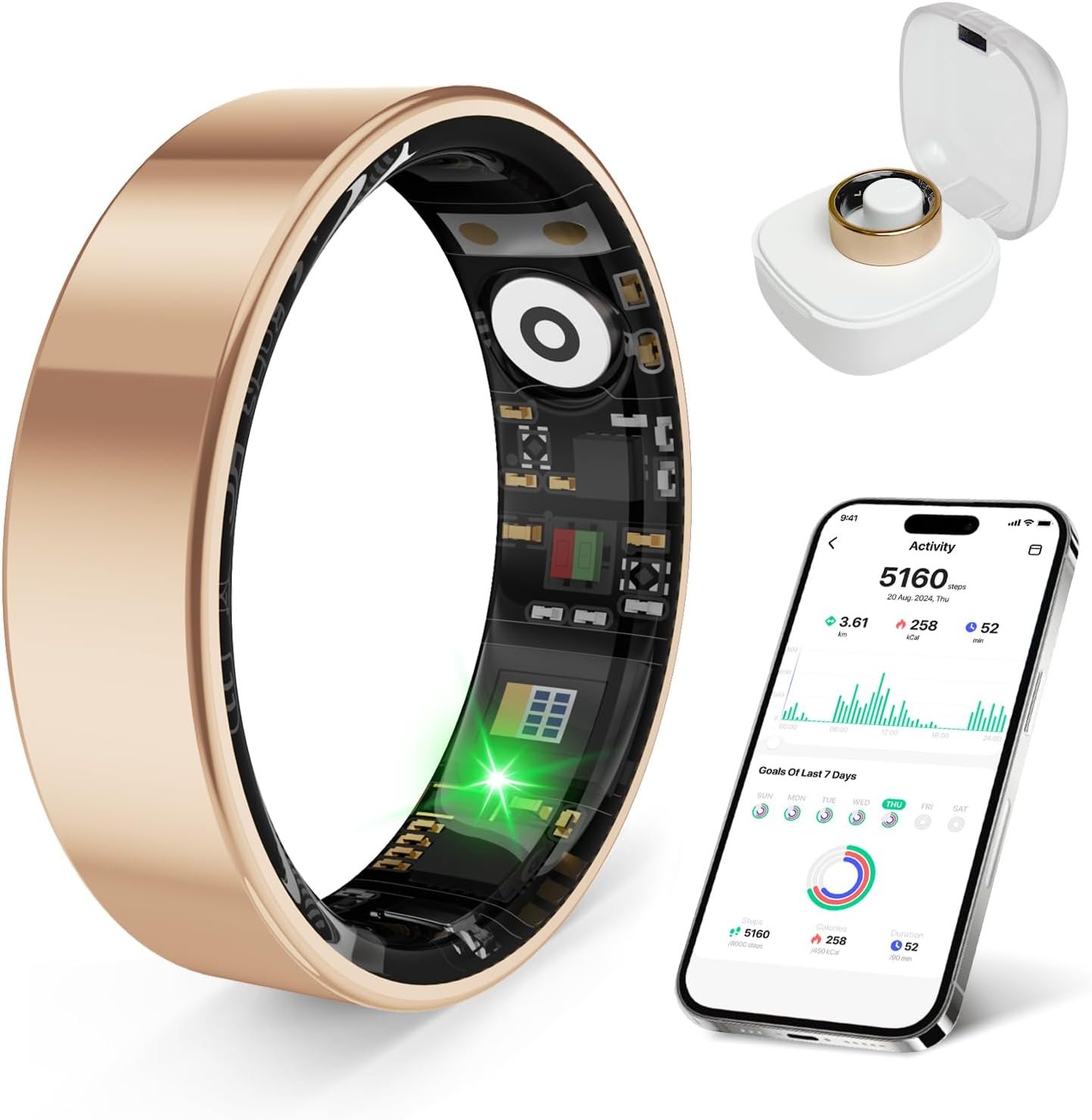 Smart Health Ring, Featuring Stress and Sleep Monitoring Functions, Compatible with iOS and Android,Waterproof Fitness Tracker for Women & Men, No Subscription Fee. (Rose Gold, 7)