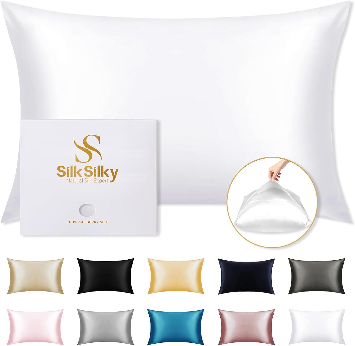 SilkSilky 100% Mulberry Silk Pillowcase – Pure 22 Momme High-Grade 6A Fibers for Hair & Skin, Envelope Closure, Natural, Organic, Breathable & Cooling Pillow Case (Standard, White)