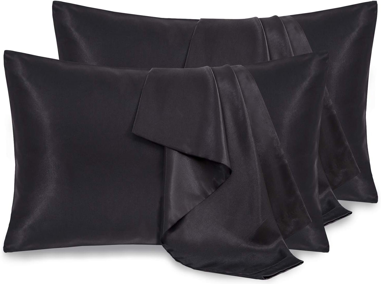 P Pothuiny 4 Pack Satin Pillowcase for Hair and Skin Queen, Black Silk Pillowcase Set of 4, Smooth Silky Pillow Covers for Women, with Envelope Closure (20×30 Inches)