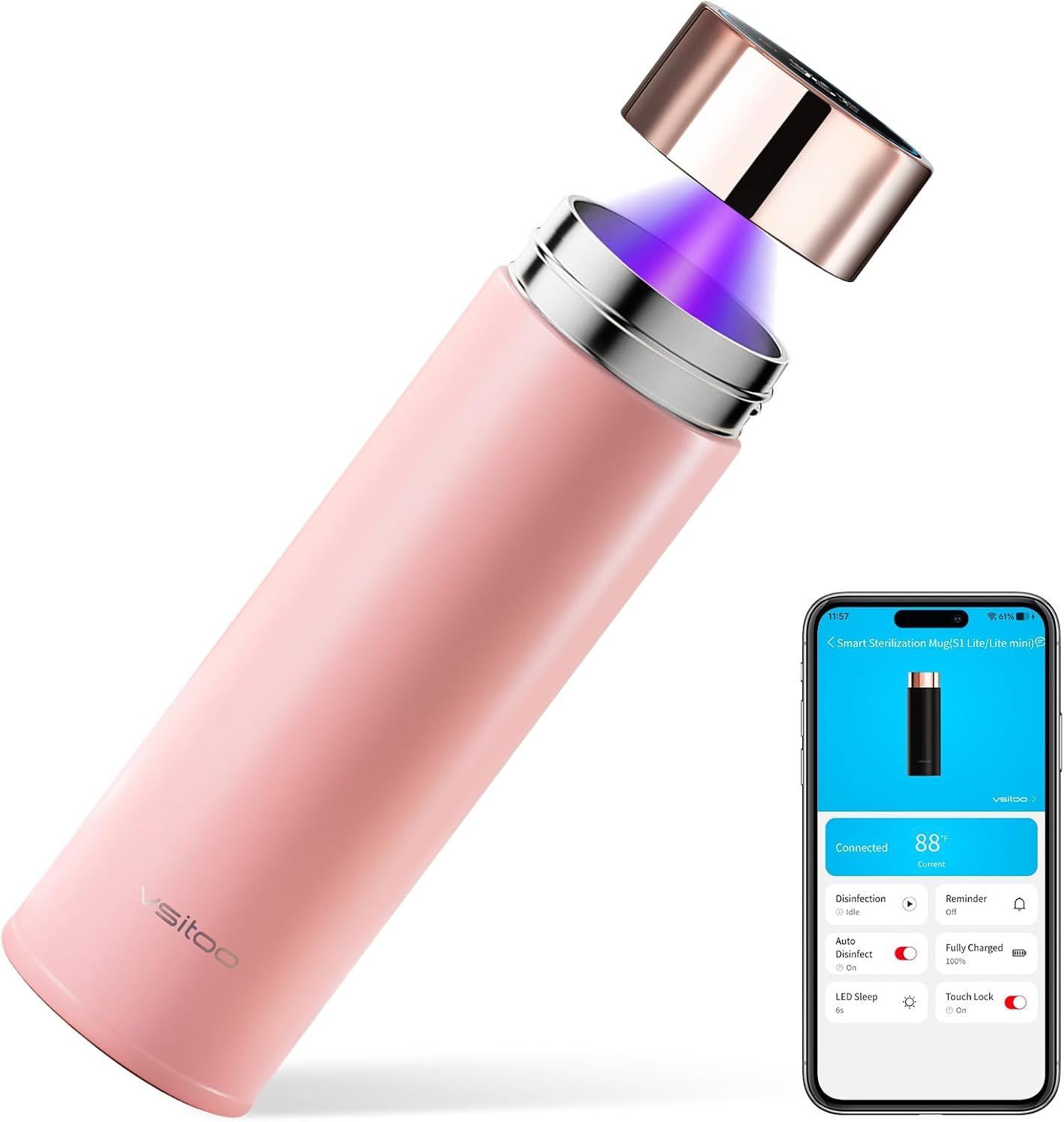 Vsitoo Smart self cleaning Insulated Water Bottle, 15oz Stainless Steel Vacuum Flask, AI Self-Clean, 30-Day Battery Life, BPA-Free, Magnetic Charging, Portable Travel Mug Gifts for Men Women, Pink