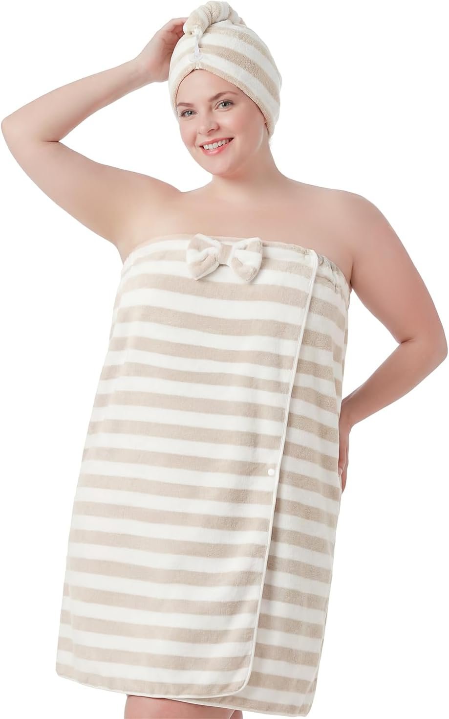 Towel Wrap for Women (M-L) with Hair Towel Wrap, Microfiber Bath Wrap Soft & Comfortable Absorb Water Body Wrap Oversized Button Design, Latte Stripe