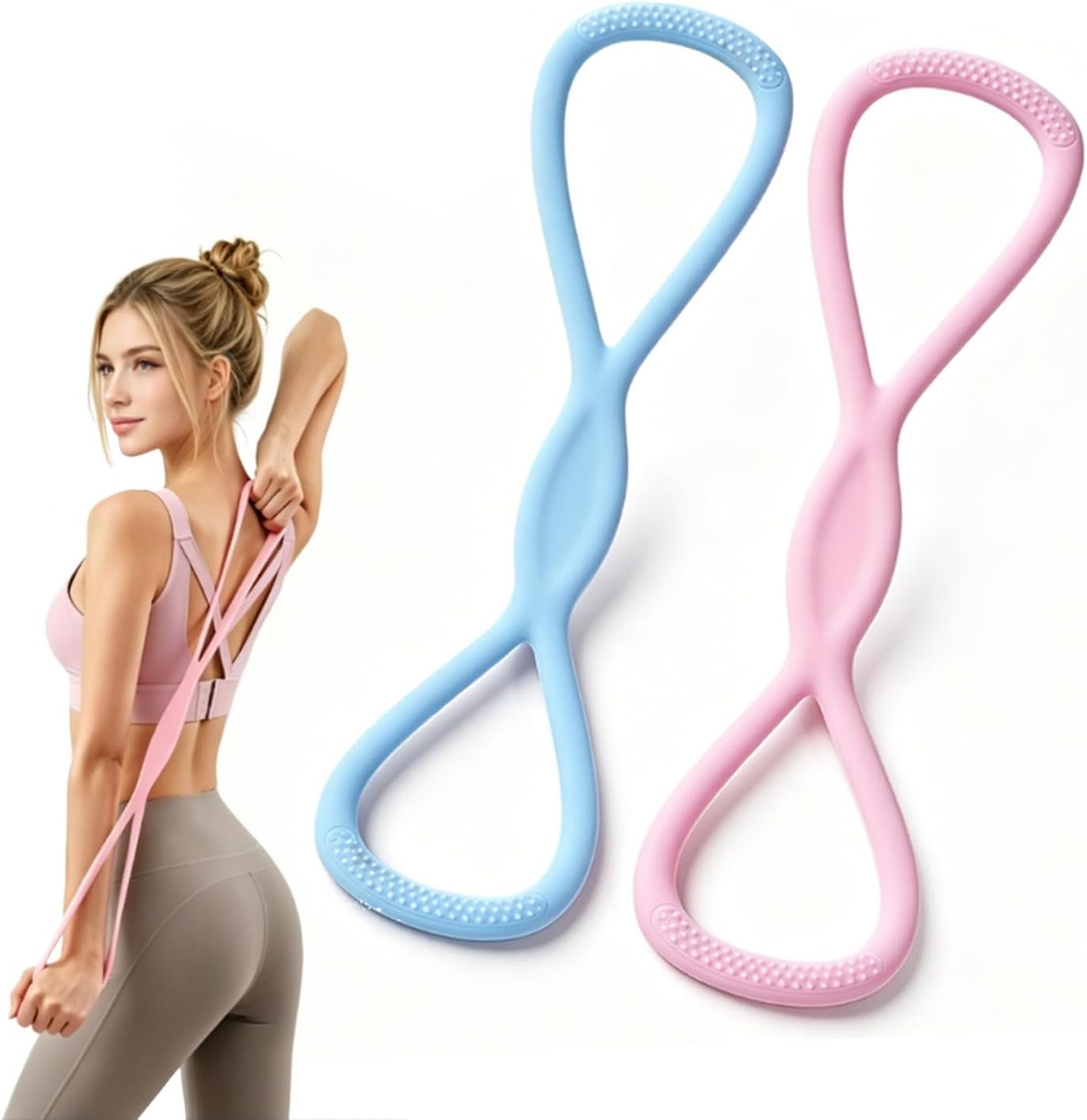 Figure 8 Resistance Band, 2PCS Figure 8 Resistance Bands for Women & Men, Non-Slip Handles Rubber Band for Arms, Back, Shoulder Stretch with Handles (Pink+Blue)