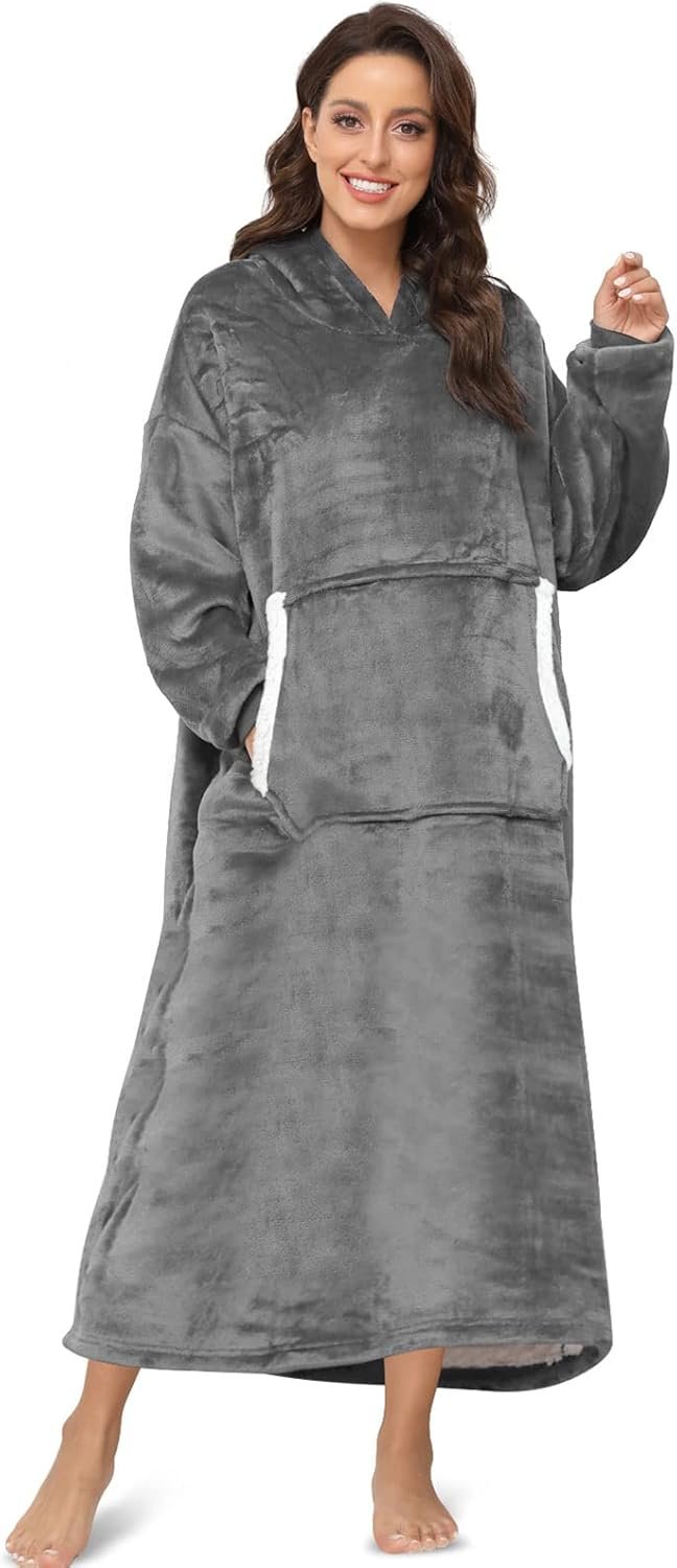 Sendowtek Wearable Blanket for Women Men Long Sherpa Hoodie with Giant Pocket Cosy Onesize Hoodie Blanket Fit for Adult Teens (Grey)
