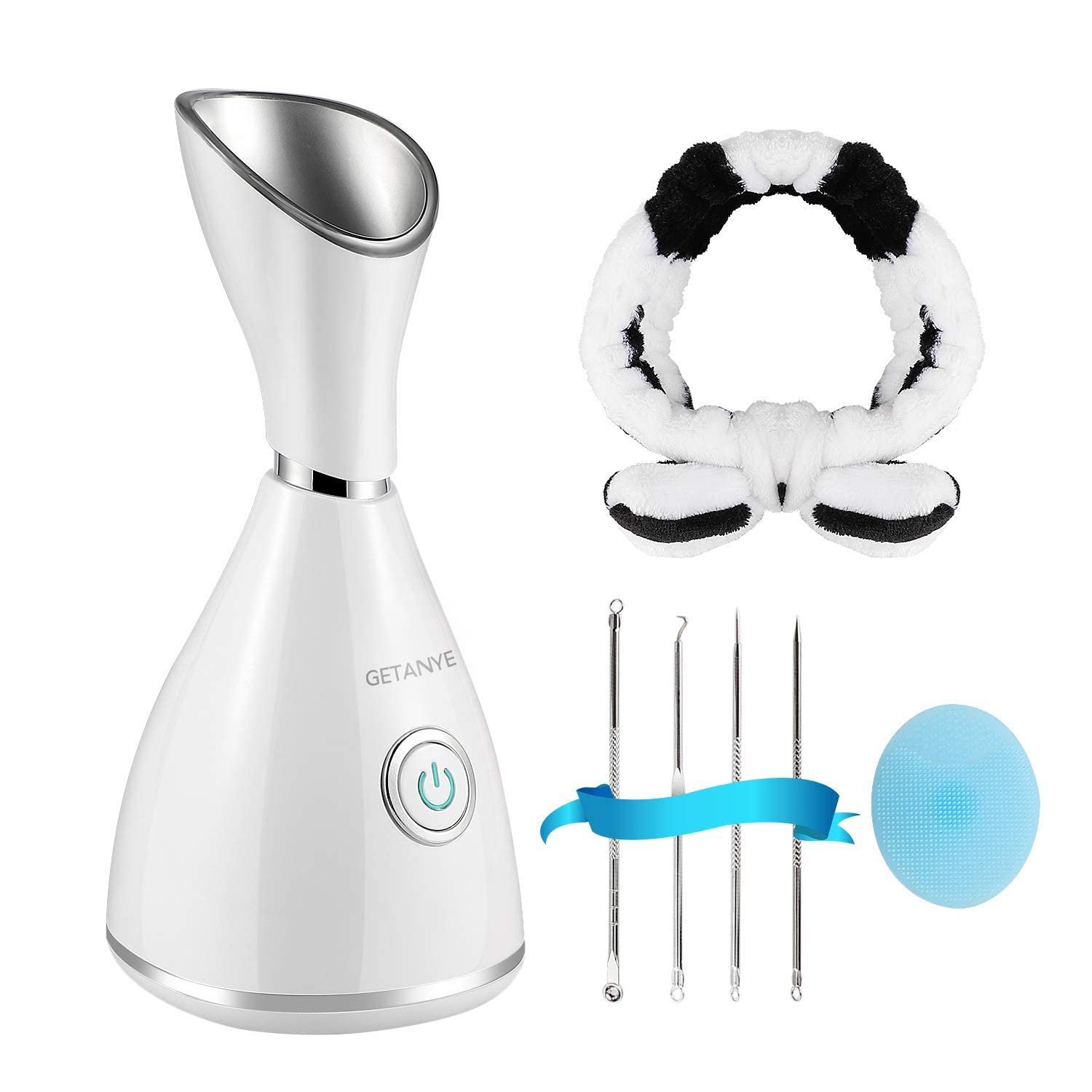 GETANYE Nano Ionic Face Steamer – 10X Penetration for Facial, Unclogs Pores, Moisturizing Spa Humidifier with Free Blackhead Remover Kit, Hair Band, Face Brush