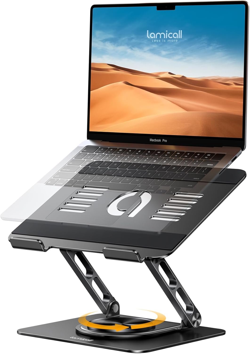 Lamicall Adjustable Laptop Stand for Desk – 360 Rotating Base Ergonomic Computer Stand, Aluminum Laptop Riser Foldable Protable for Office Home fits MacBook Neo Air Pro, Dell, HP (10-17.3”) – Black