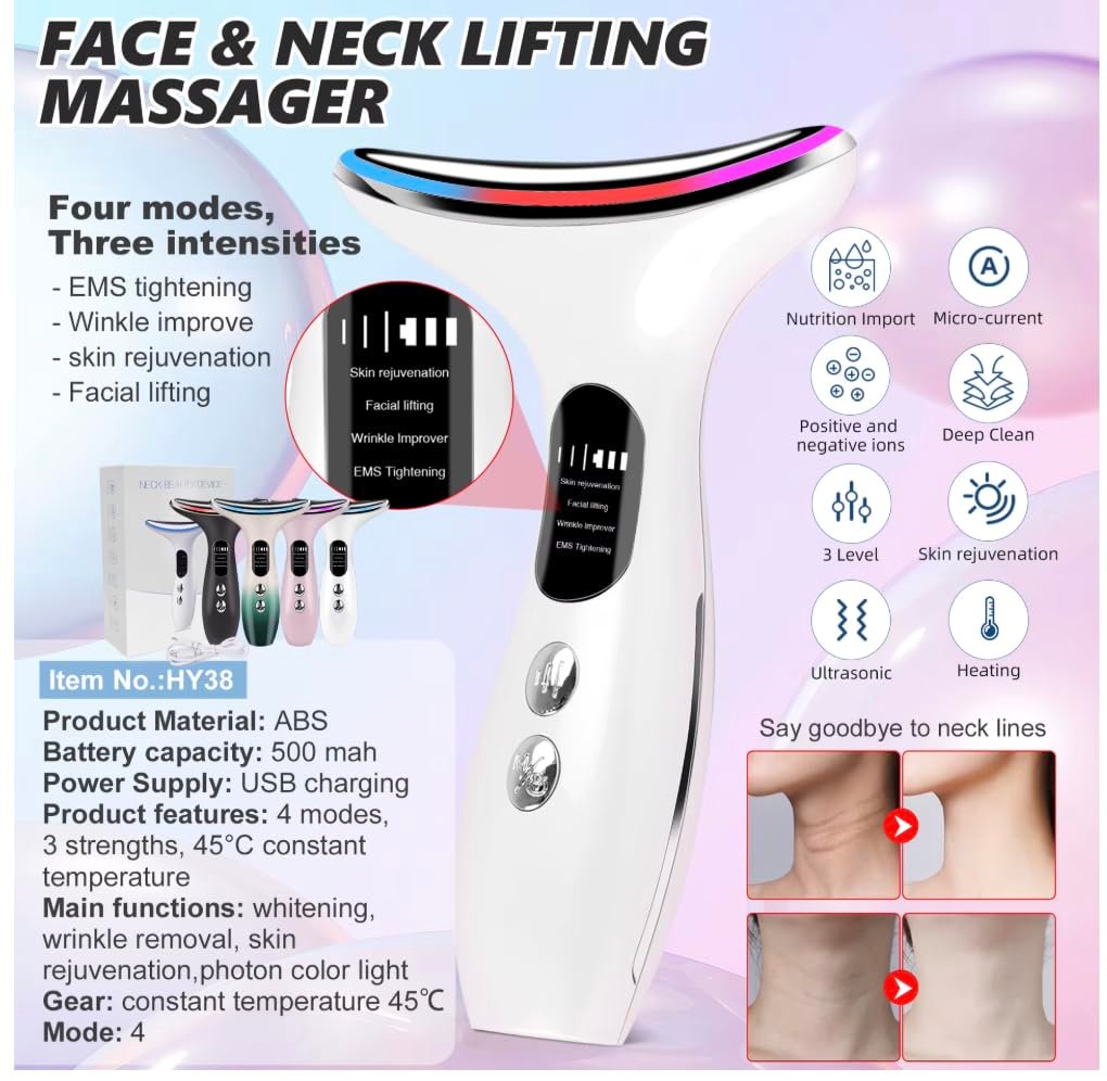 EMS Face Lifting Device – LED Light Therapy Facial Massager for Anti-Aging, Wrinkle Reduction & Skin Tightening – 4 Modes, 3 Intensities, USB Rechargeable – Face/Neck Beauty Tool