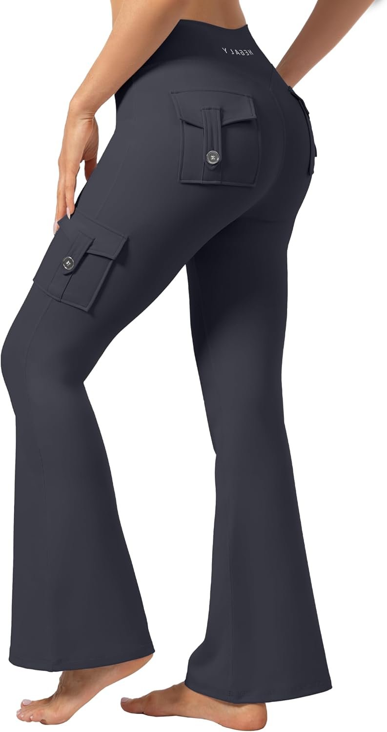 Flare Leggings with Pockets for Women High Waisted Hidden Scrunch Cargo Gym Workout No Front Seam Yoga Pants