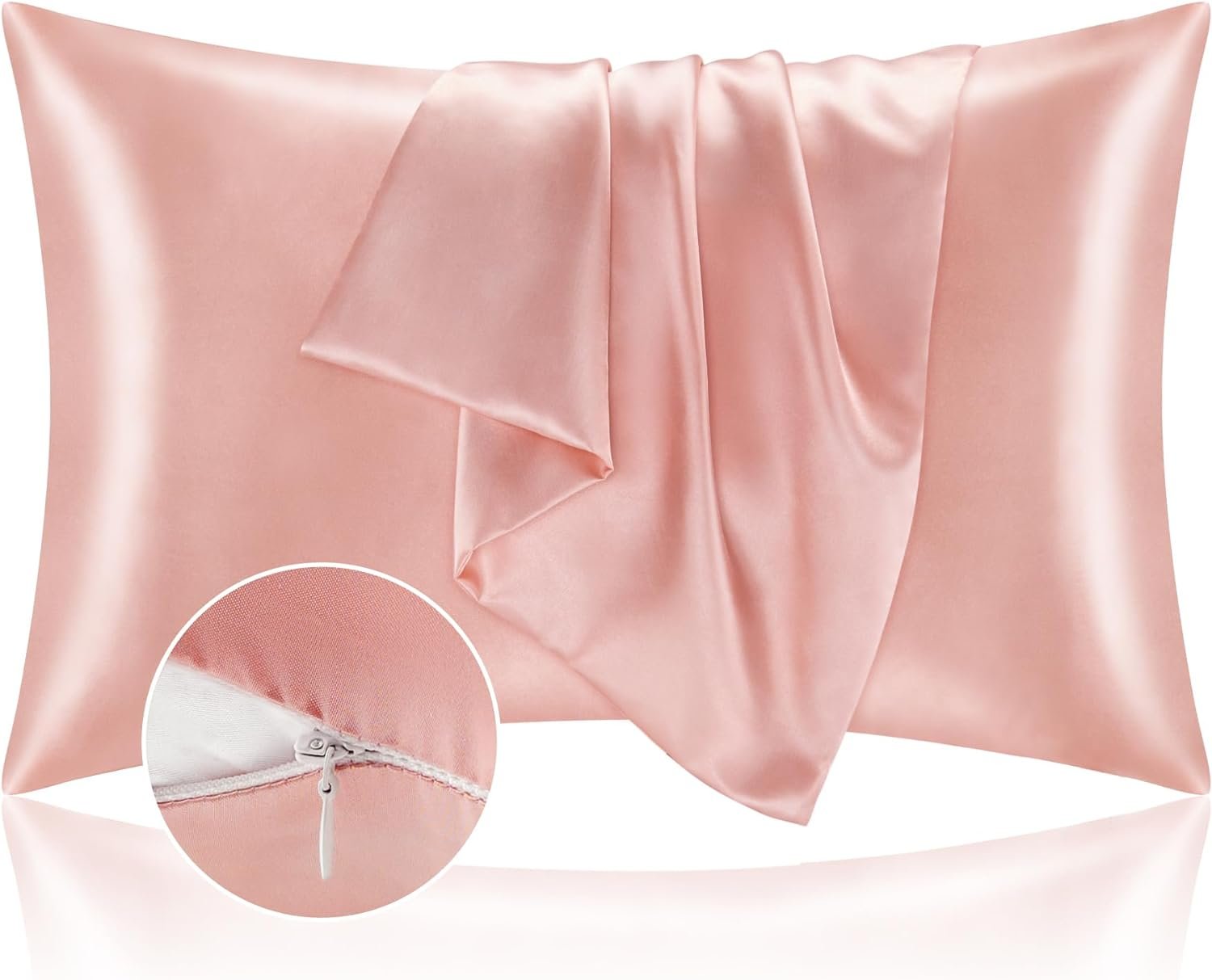 BEDELITE Satin Pillowcase with Zipper 2 Pack, Coral Pillow Cases Standard Size, Super Soft and Cooling Similar to Silk Pillow Cases, Gift for Women Men(20×26 Inches)