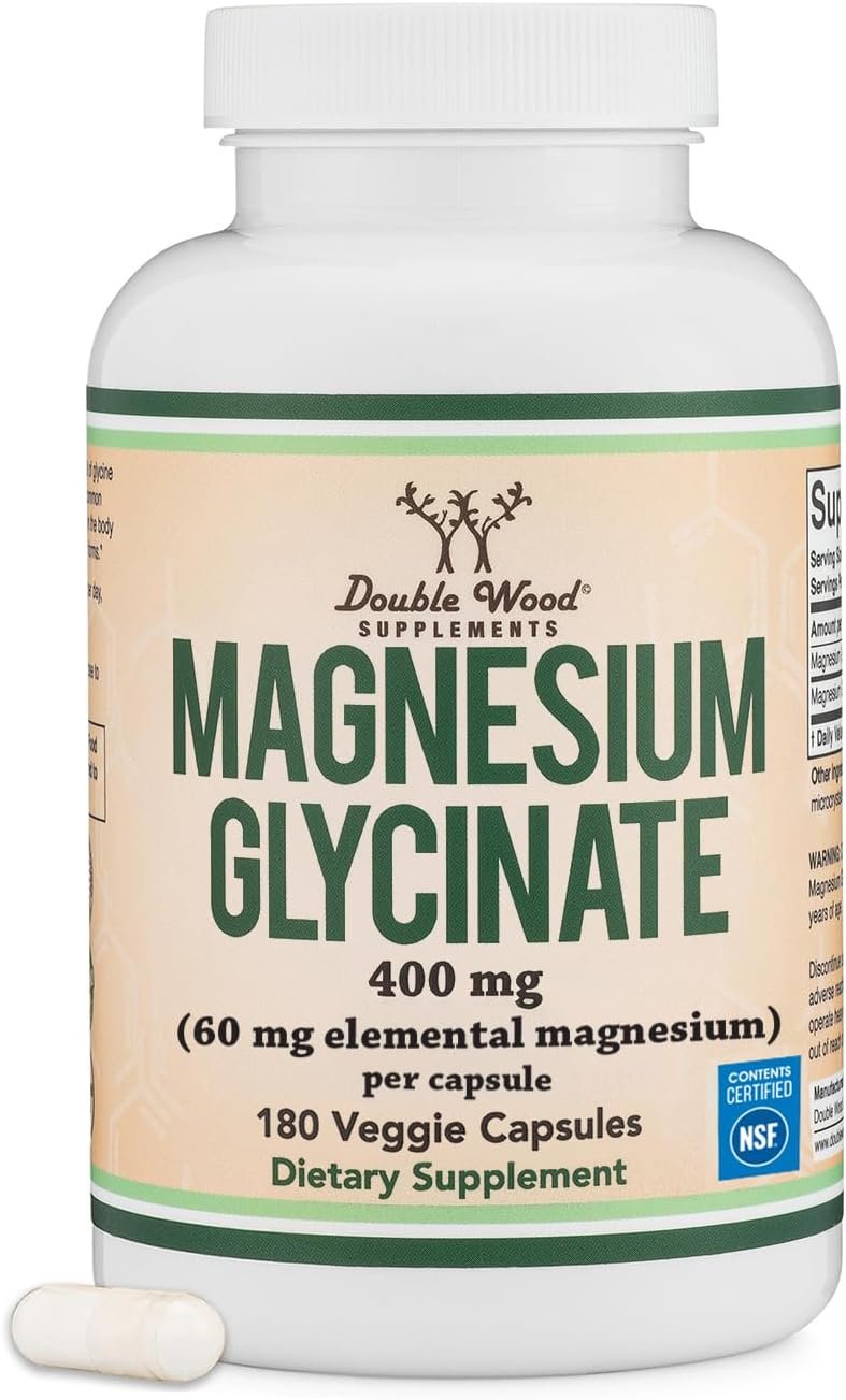 Magnesium Glycinate 400mg | 180 Capsules | Sleep, Muscle, & Heart Support | Vegan, Third Party Tested, Gluten Free, Non-GMO, by Double Wood Supplements