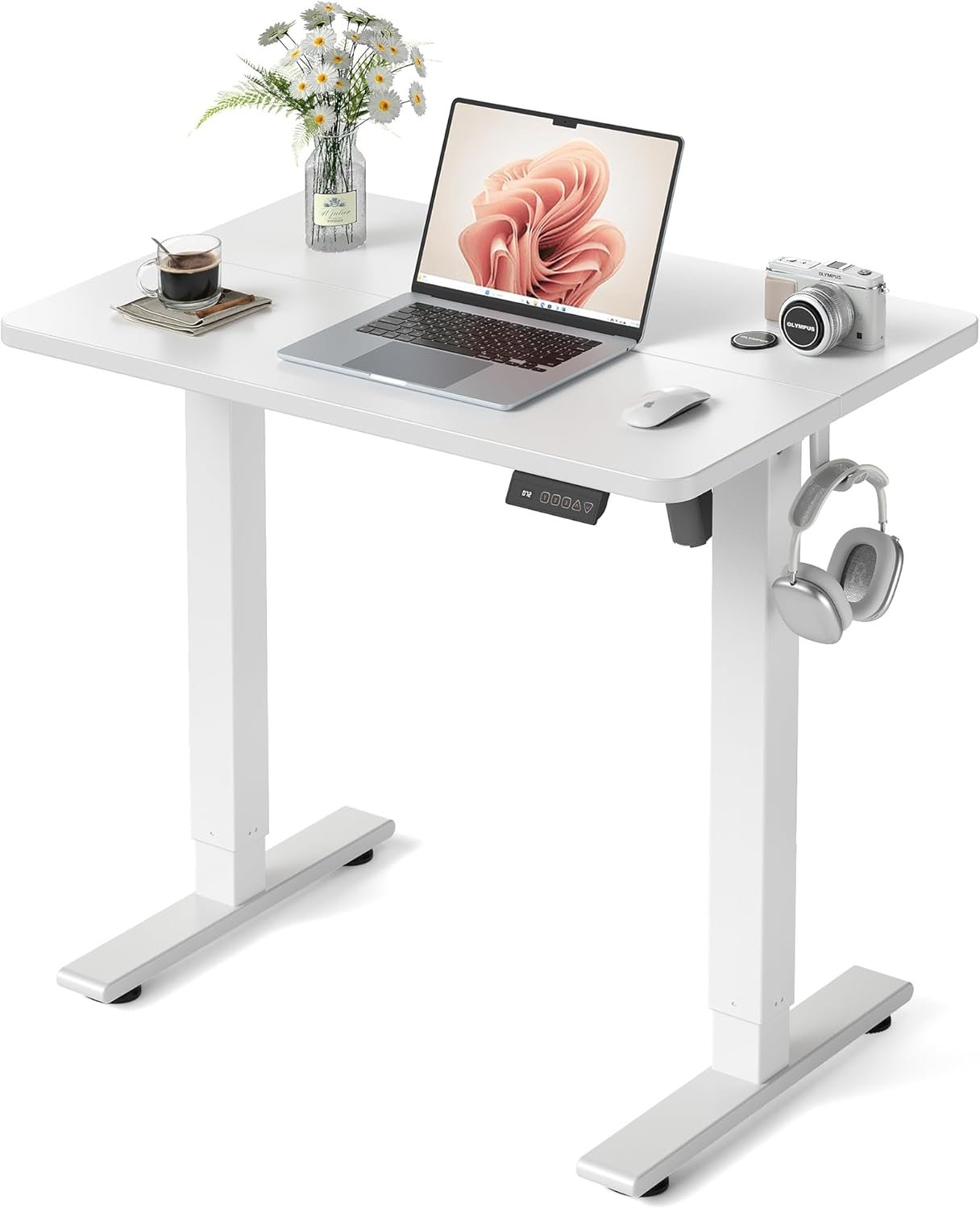 FEZIBO 32″ Small Electric Standing Desk Adjustable Height, 3 Memory Height Settings, Sit Stand Up Desk for Home Office & Computer Workstation, White