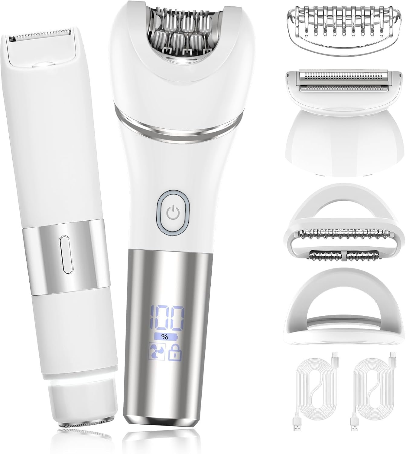 Zesuti Epilators Hair Removal for Women-2 in 1 Eletctric Razors for Women,Dual Head Bikini Trimmer for Pubic Hair/Lady Facial Razor,Cordless Epilator Body Shaver for Smooth Wet/Dry Shaving,Led Light