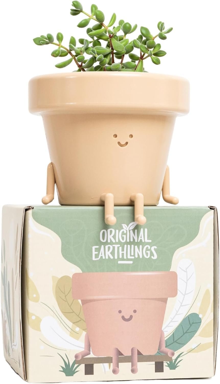 Original Earthlings Sitting Pot – 4 Inch Cute Plant Pot – Plastic Funny Planter with Drainage, Unique Cactus Plant Lover Gift, Succulent Face Flower Pot, Desk Plant, Table Top Decor, & Home Gifts