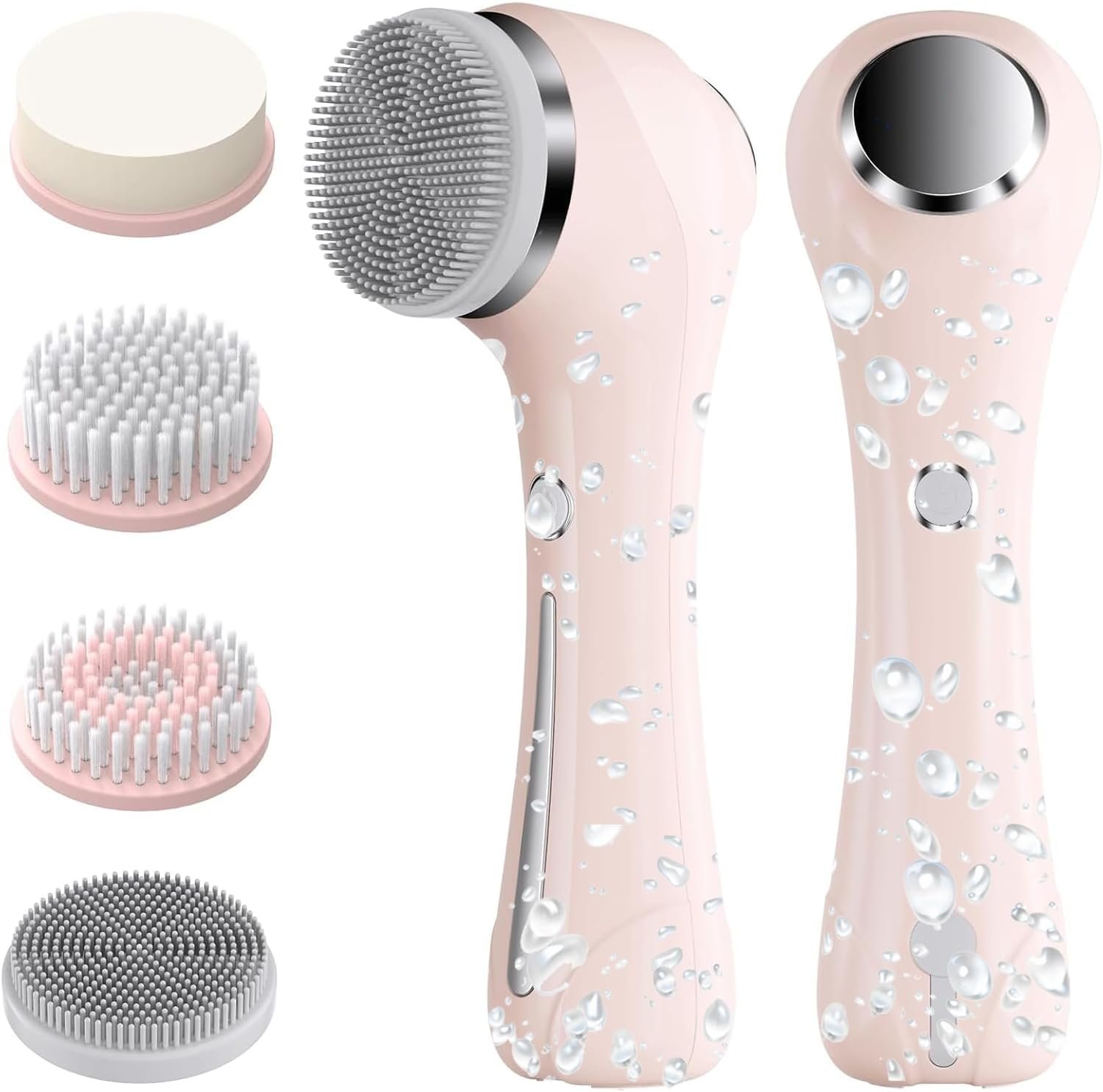 Facial Cleansing Brush, 2 in 1 Ｗaterproof IPx7 Facial Spin Scrubber Set with 4 Brush Heads, Rechargeable Exfoliating Face Brush Deep Cleansing, Gently Exfoliate and Remove Blackhead (Pink)