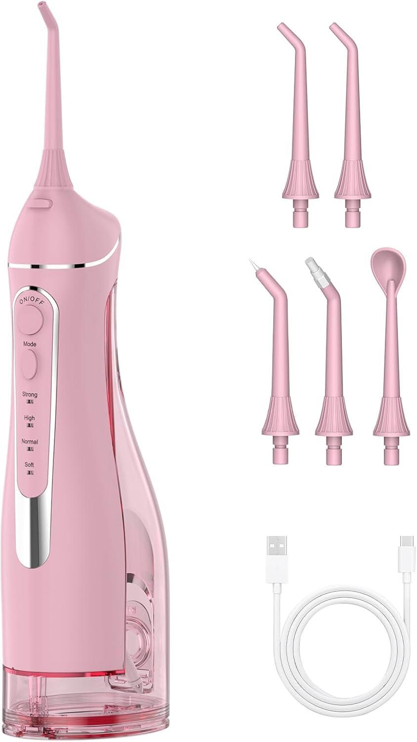 Water Flosser for Teeth Cleaning: Cordless Portable Water Dental Pick, 4 Modes Rechargeable Oral Irrigator with 5 Nozzles, 300ML IPX7 Waterproof Electric Flossers for Braces, Travel & Home Use, Pink