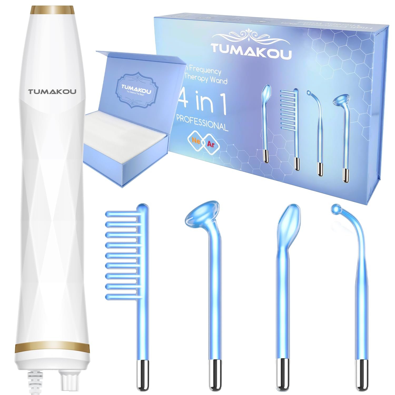 High Frequency Facial Device – TUMAKOU Blue High Frequency Facial Wand – Portable High Frequency Machine with 4 Fusion Neon + Argon Wands