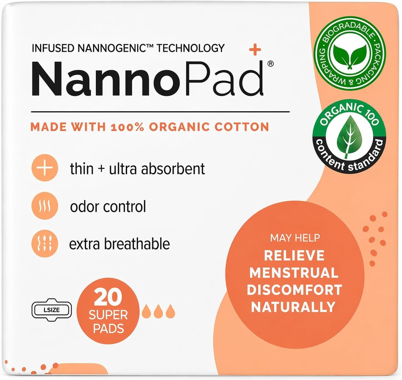 Organic Pads for Women – 100% Organic Cotton Overnight Pads with Wings – High Absorbency (180mL), Comfortable & Ultra-Thin – No Fragrances, Odor-Control, Breathable – Super (1 Pack, 20 Count)