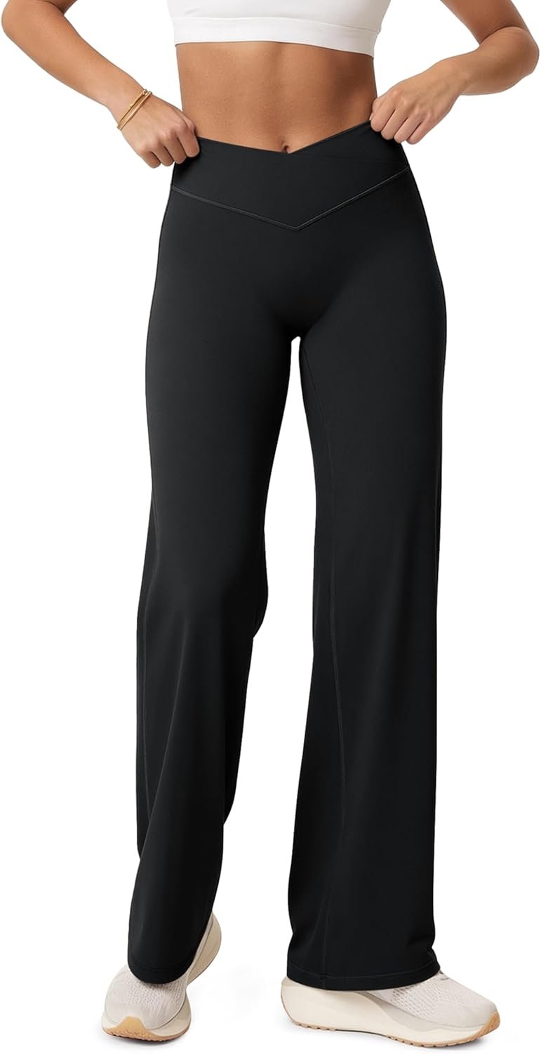 ODODOS Hidden Scrunch Butt Lifting Crossover Straight Leg Leggings for Women – No Front Seam High Waist Yoga Pants, 31″