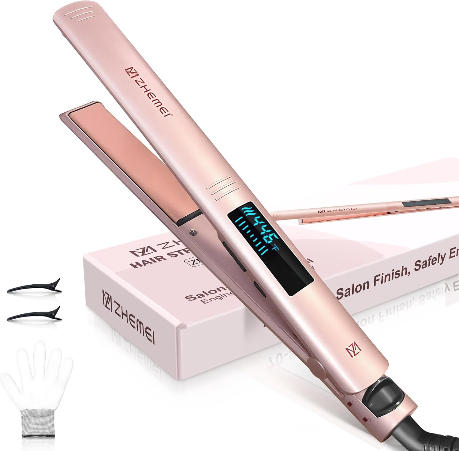 Hair Straightener, 1 Inch Flat Iron Hair Straightener with LED Display, Professional PTC Ceramic Negative Ion Hair Iron Dual Voltage for Women Hair, Heats up to 446°F, 6 Temps (Rosegold)