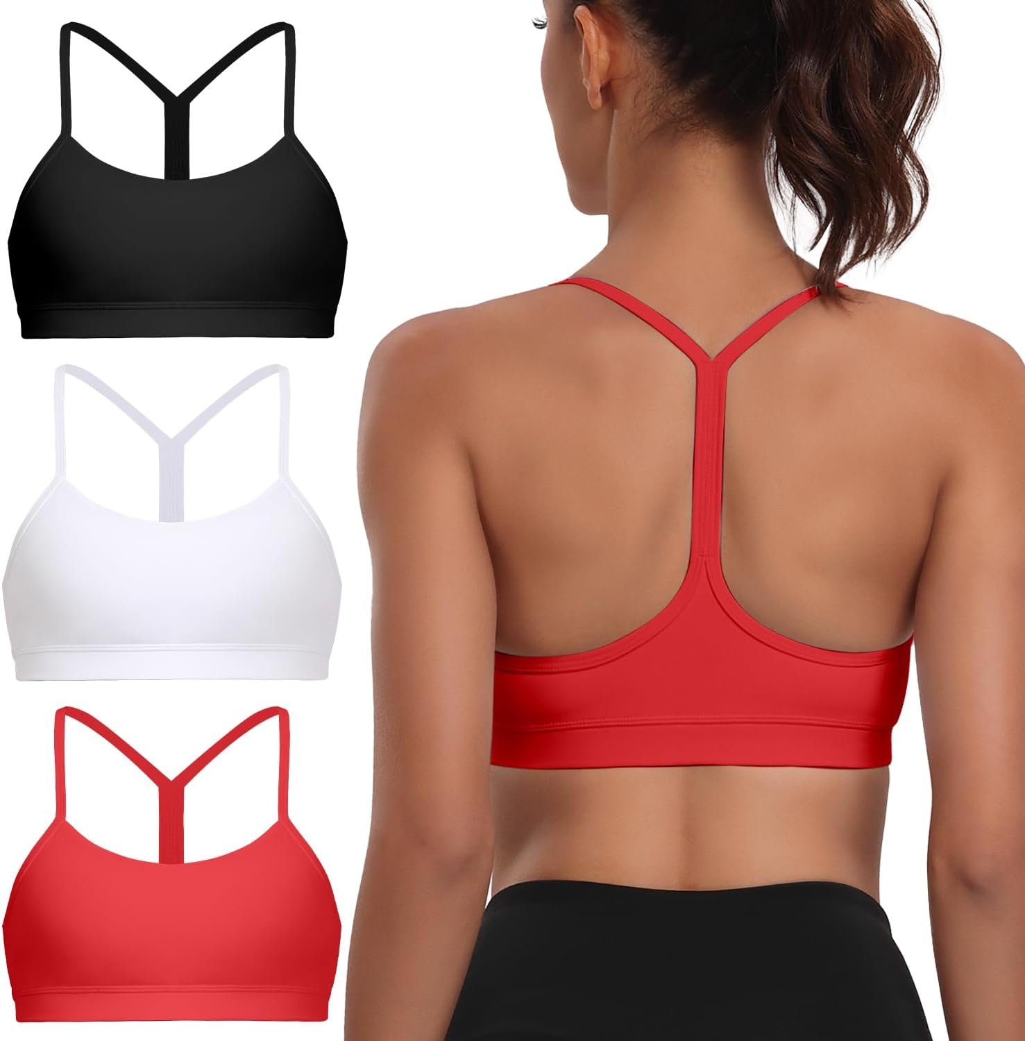 Raxnode Women’s 3-Pack Y-Back Sports Bra, Thin Spaghetti Strap Nylon Yoga Bra with Removable Cups, Light Support Bralettes